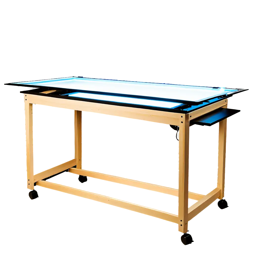 drawing table made of lumber with has LED strip light underneath the acrylic glass with the angle of 30degrees or adjustable with the use of  hinges and has drawer and caster wheels 


