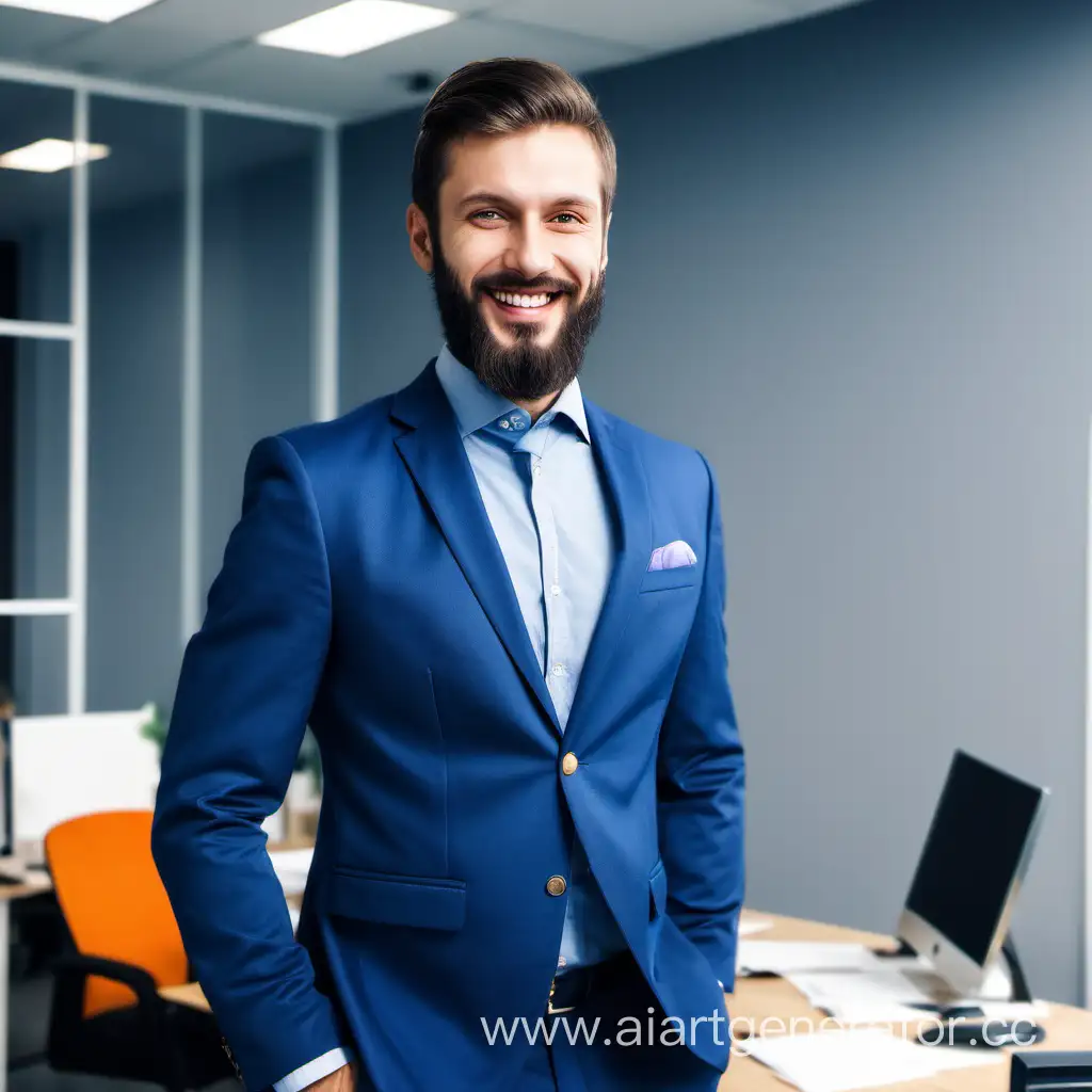 A nice and kind smiling guy with a light dark beard stands in the middle of the office in a blue suit