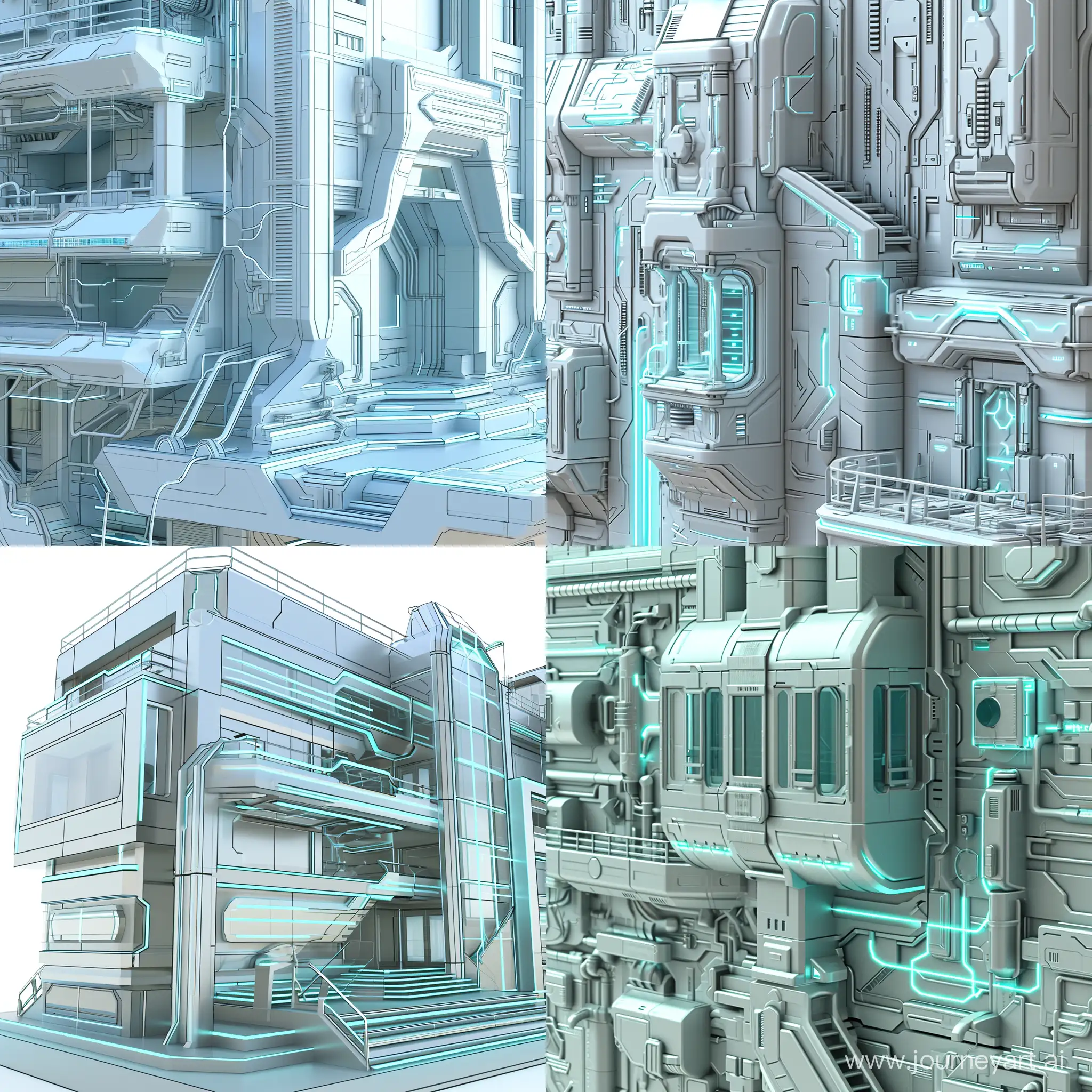 Требуется создание детальной 3D модели футуристического городского здания. Включить детали фасада, окон, лестниц и других архитектурных элементов. Использовать текстуры высокого разрешения для создания реалистичной поверхности здания. Основной цвет - металлический серебристый. Акцентные элементы - энергетические линии светло-голубого цвета.