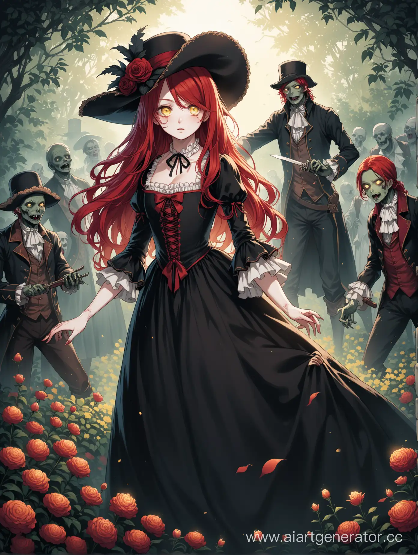RedHaired-Girl-Battling-a-Zombie-in-a-Gothic-Flower-Garden