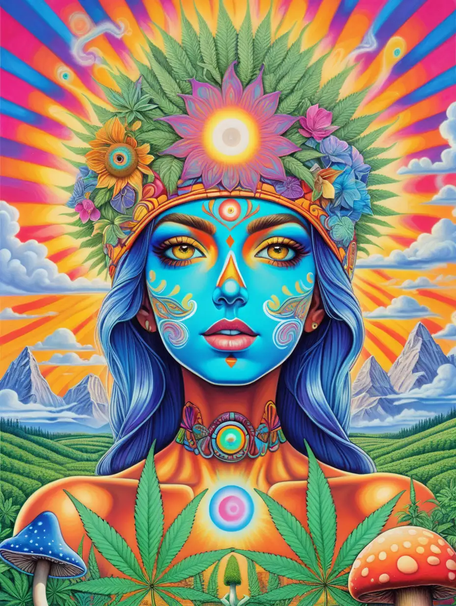 Exotic Woman Amid Psychedelic Cannabis Field and Magic Mushrooms