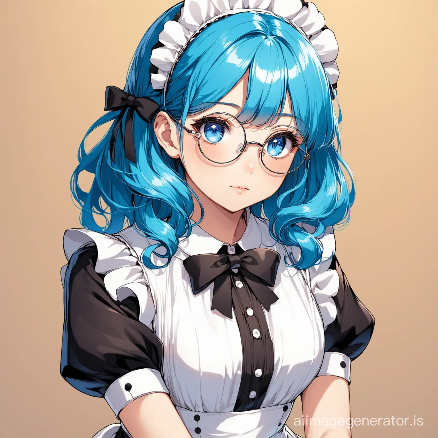 The girl with blue hair, blue eyes, big round glasses, in a maid costume, her hair is slightly curly