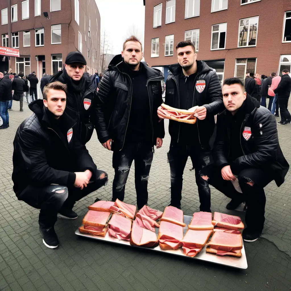 PSV Eindhoven Football Hooligans in Black Jackets with a Destroyed Ham Sandwich