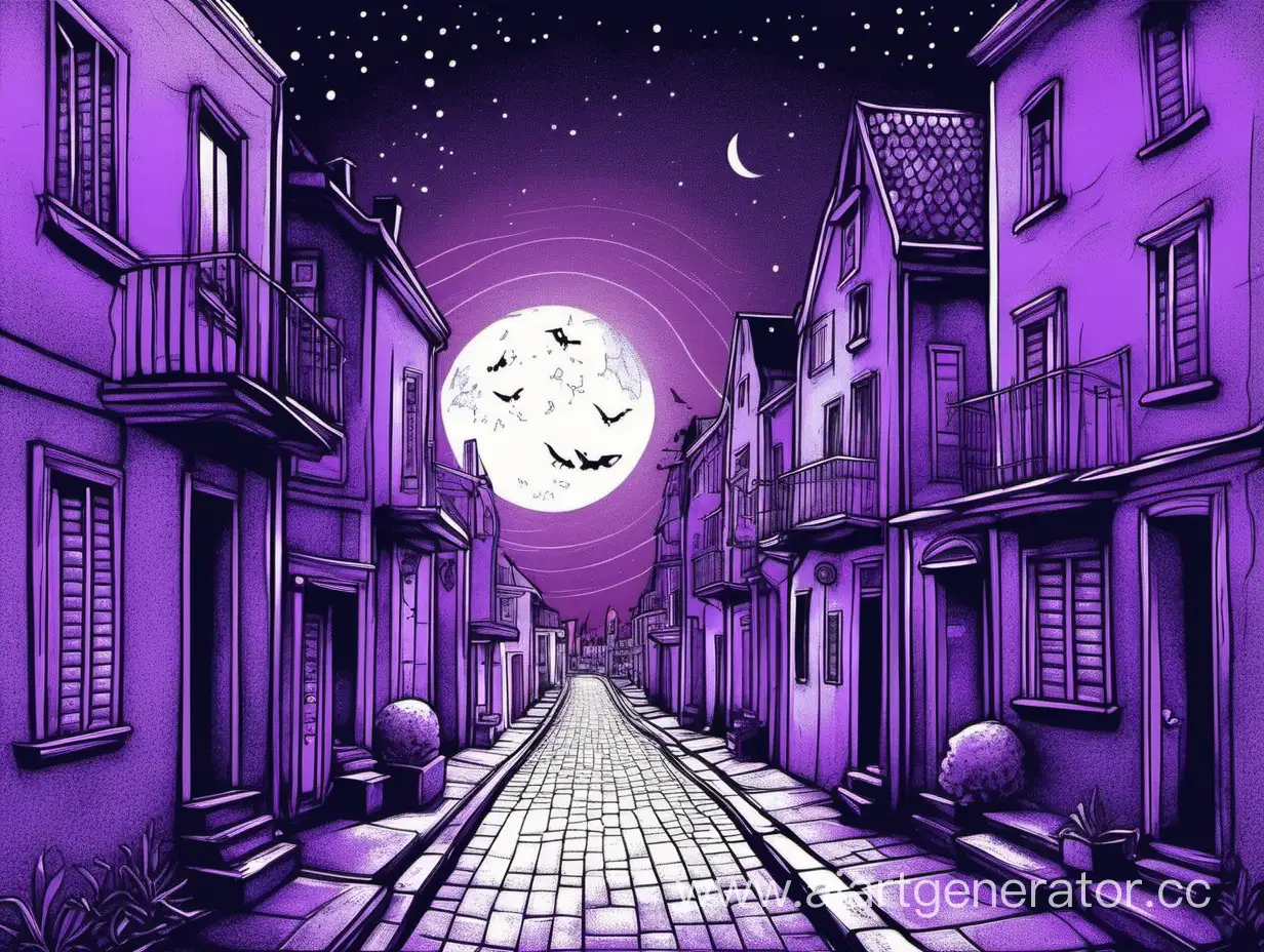 Прогулка по улицам, которые видны только в лунном свете, фиолетовые тона, простая рисовка, мистика