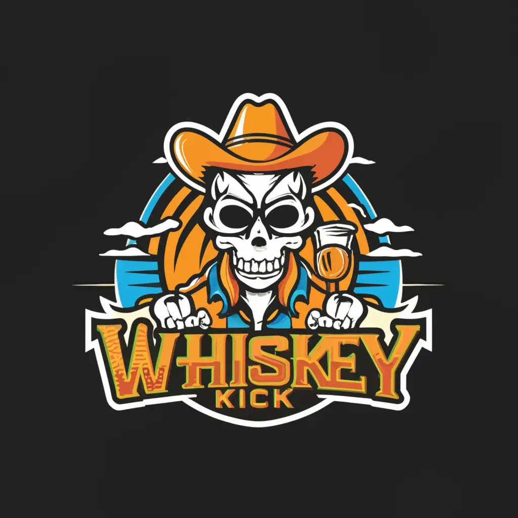 a logo design,with the text "Whiskey Kick", main symbol:A skull cowboy drinking whisky while driving a boat,Moderate,be used in Sports Fitness industry,clear background