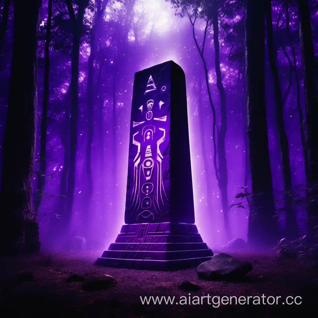 Магический Монолит с иероглифами с фиолетовым свечением на фоне тёмного леса
