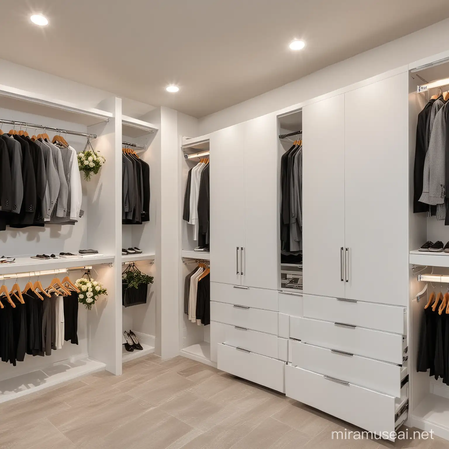 modern closet, elegant, loft style, solid matte white laminate cabinets, flowers, mens professional clothing, led lighting.