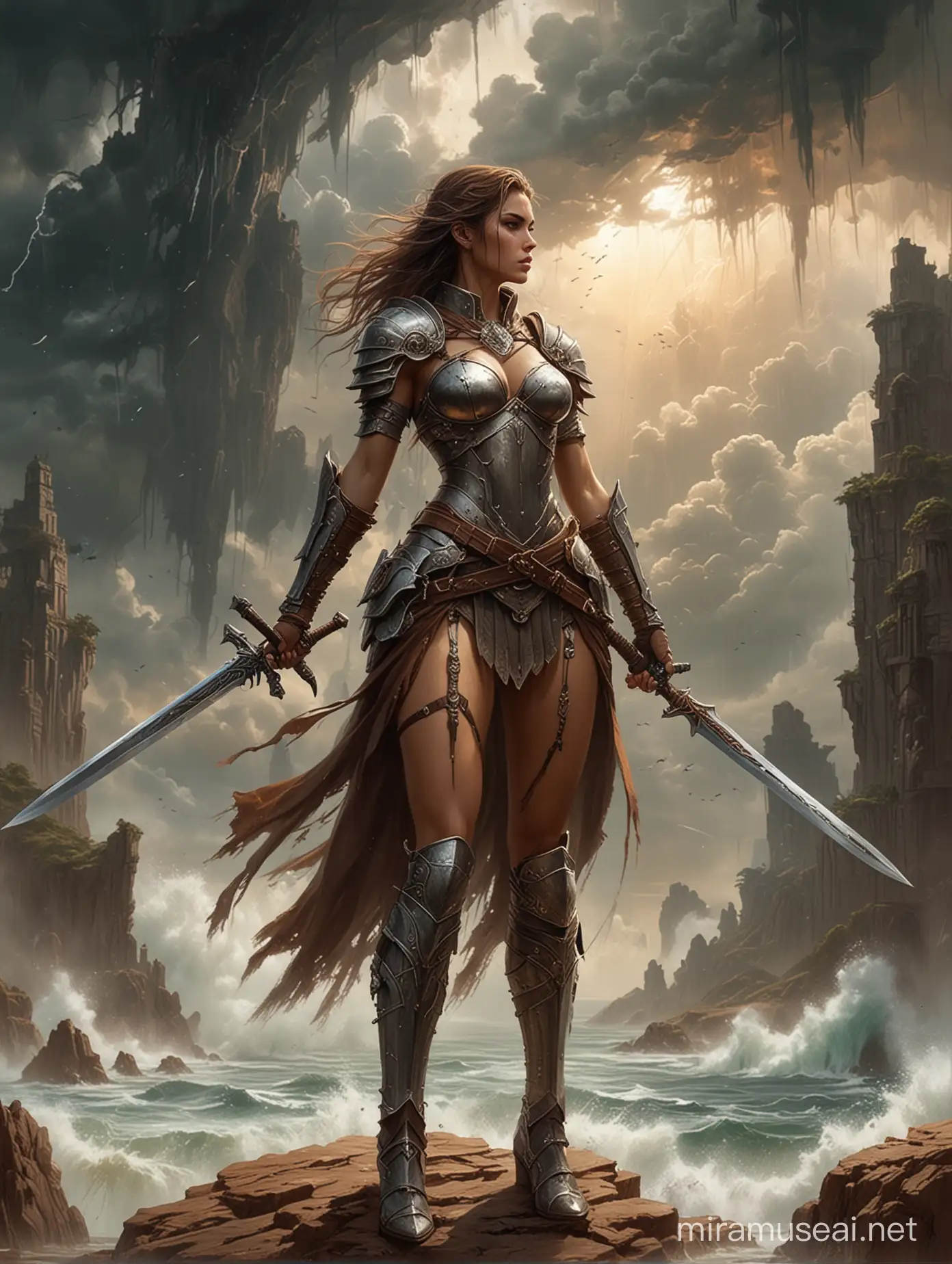 painting of A woman in armor, standing widely, holding a sword high above her head, surrounded by swirling storms and floating islands. Style of Luis Royo inspired fantasy female warrior art. black, tan, wheat, rosybrown colors. 8K HD.