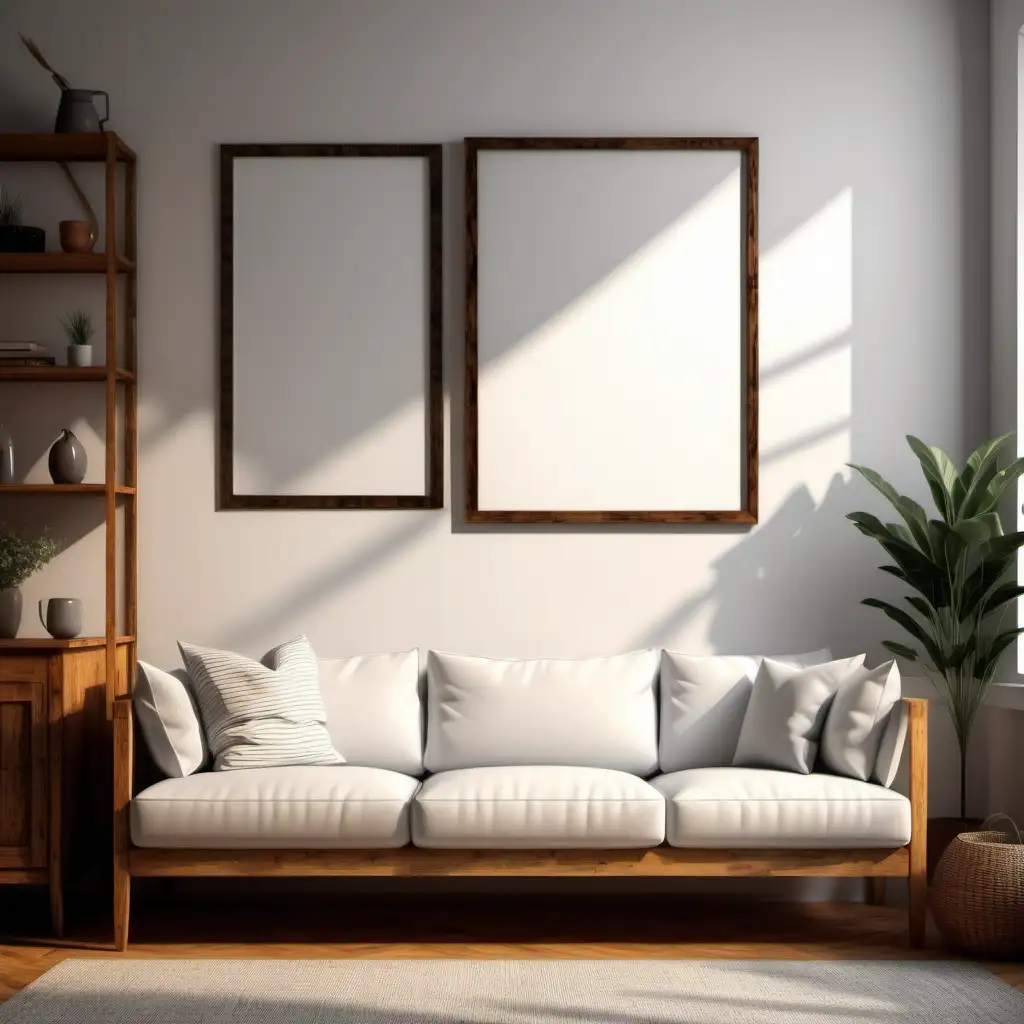 Cozy Farmhouse Living Room with Wooden Poster Frame Mockup in 4K