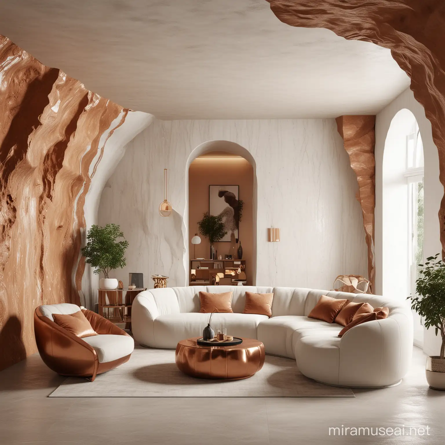 Modern Living Space within a White and Copper Cave Interior