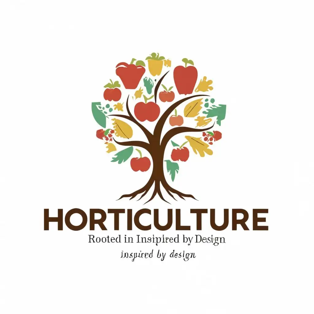 logo, TREES,FRUITS,VEGETABLES
with a tagline "Rooted in nature, inspired by design.", with the text "HORTICULTURE", typography, be used in Education industry
