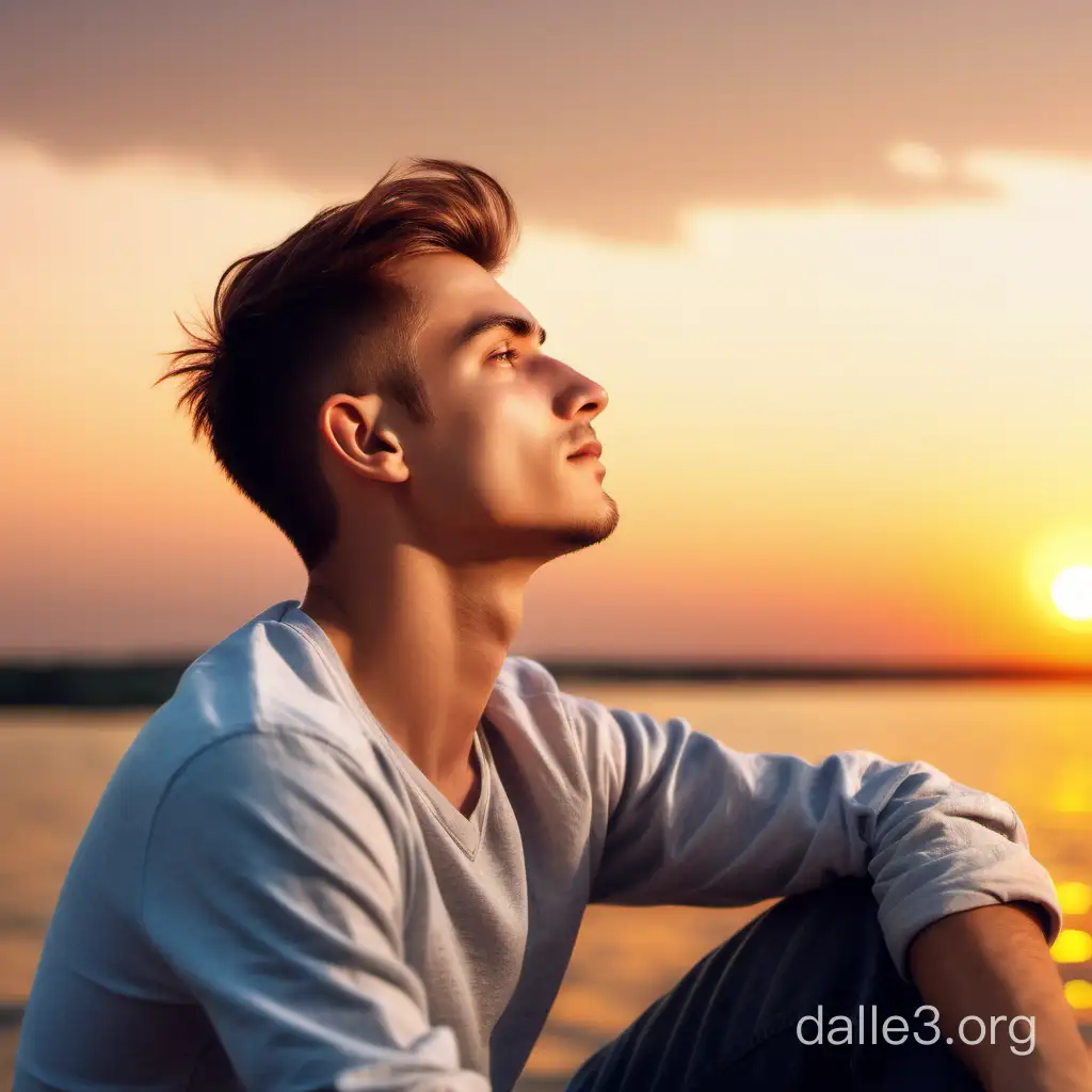 Создай изображение расслабленный мужчина 20-25 лет смотрит на закат