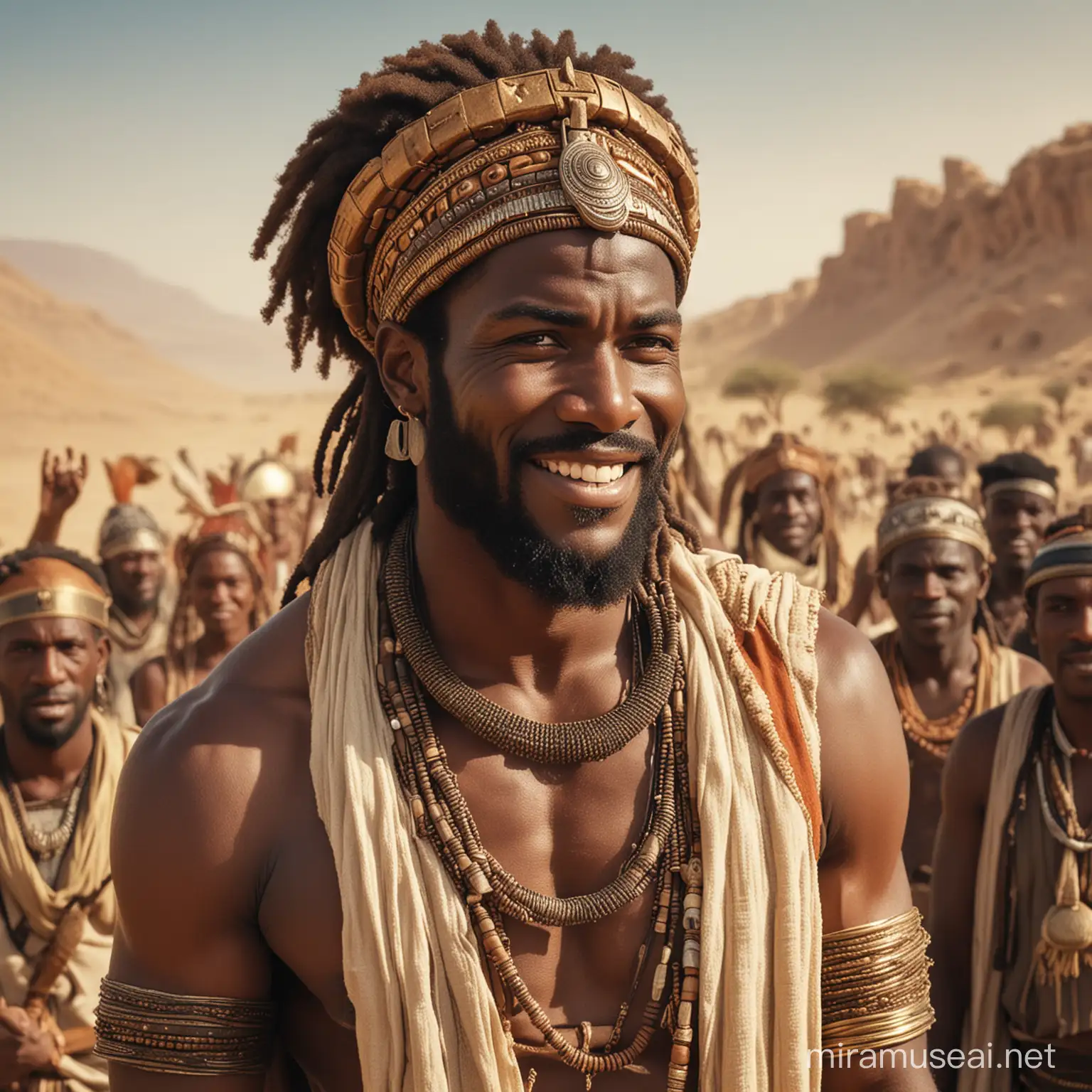 The elders call (((JEPHTHAH))), a charming muscular African Israelite man, with a radiant smile and some elders of his tribe  to a discussion to become their king 
. Surrounded by a setting in the land of Caanan 1000bc , th