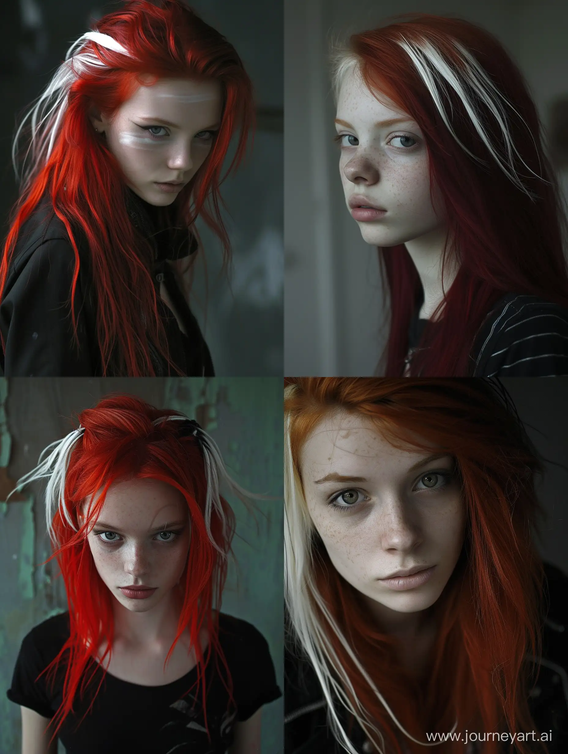 Gothic-RedHaired-Woman-with-Striking-White-Stripes-Captivating-Portrait