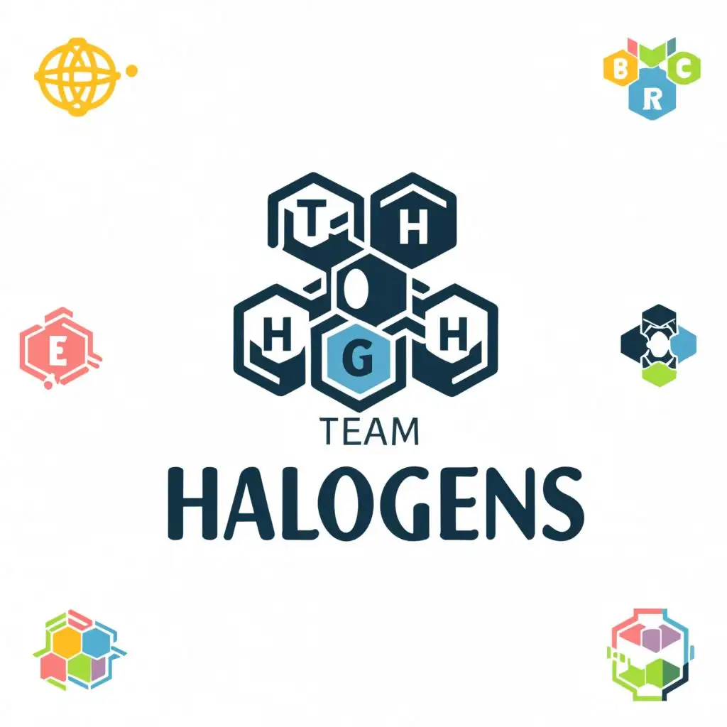 logo, chemical element halogen, with the text "Team Halogens", typography, be used in Education industry