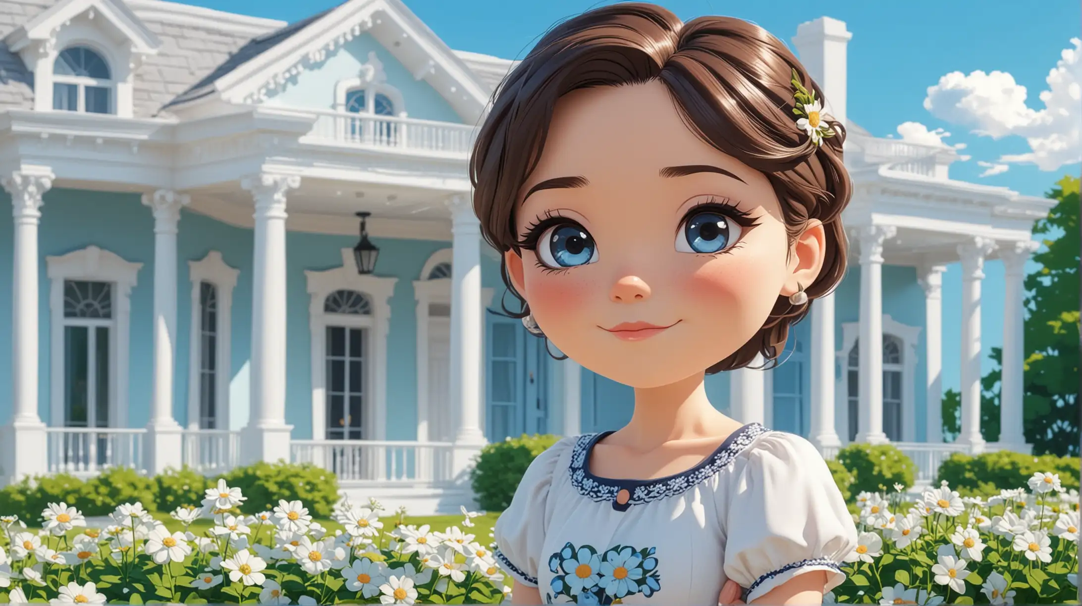 proud  woman character 40 – year –old mother , with loving eyes , a beautiful yard of a white house , flower ,blue sky background , flat color, in the style of chibi, detailed - ar 16:9