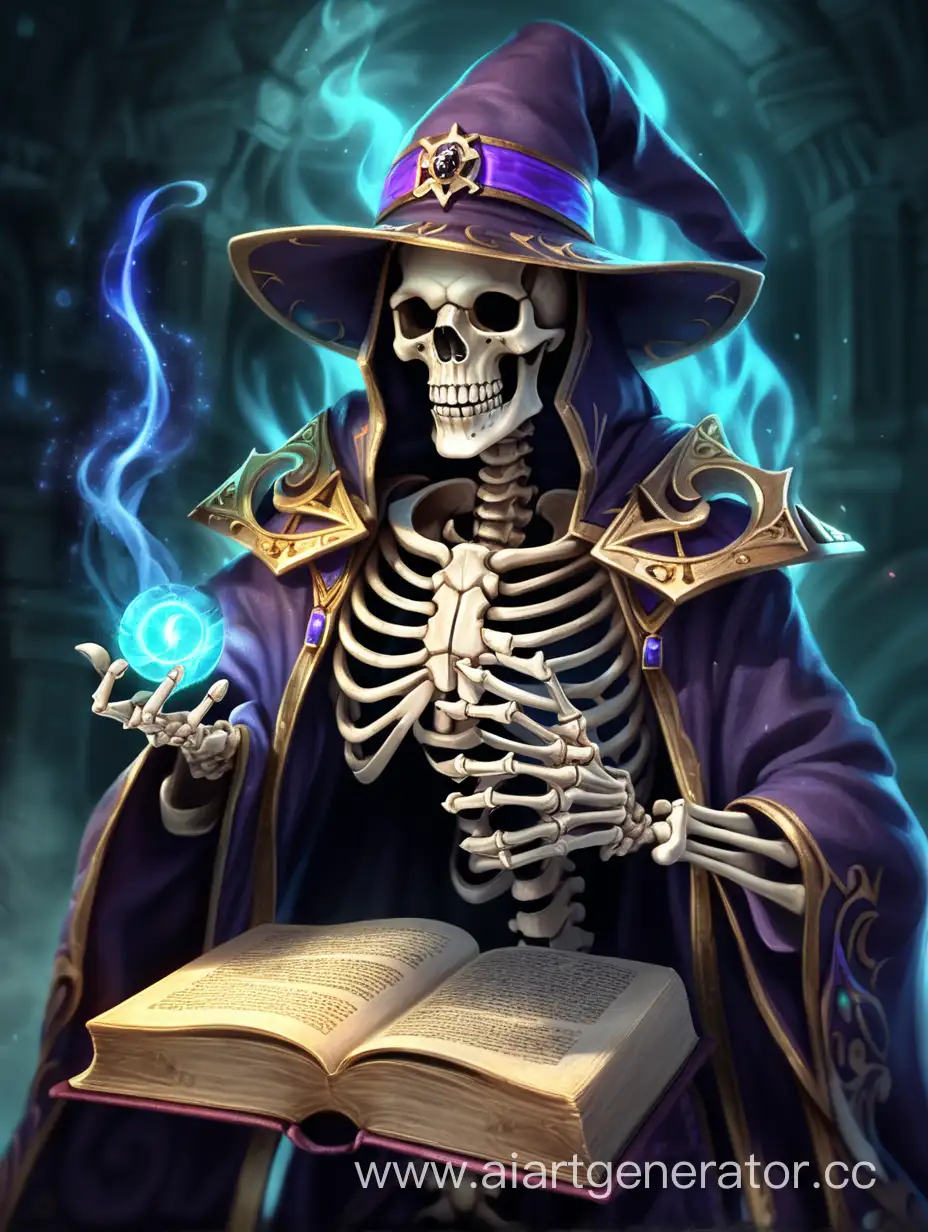 Ancient Great skeleton wizard necromancer with a magical gesture and a magical book
