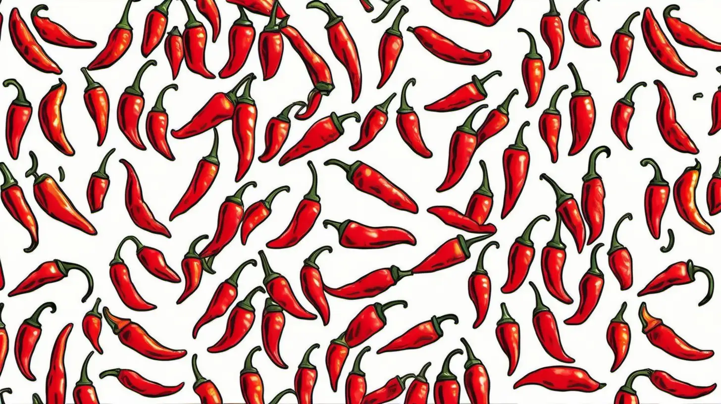 design a captivating repeating pattern featuring a vibrant colorful assortment of chilli peppers of intricately detailed, ideal for custom wrapping paper.