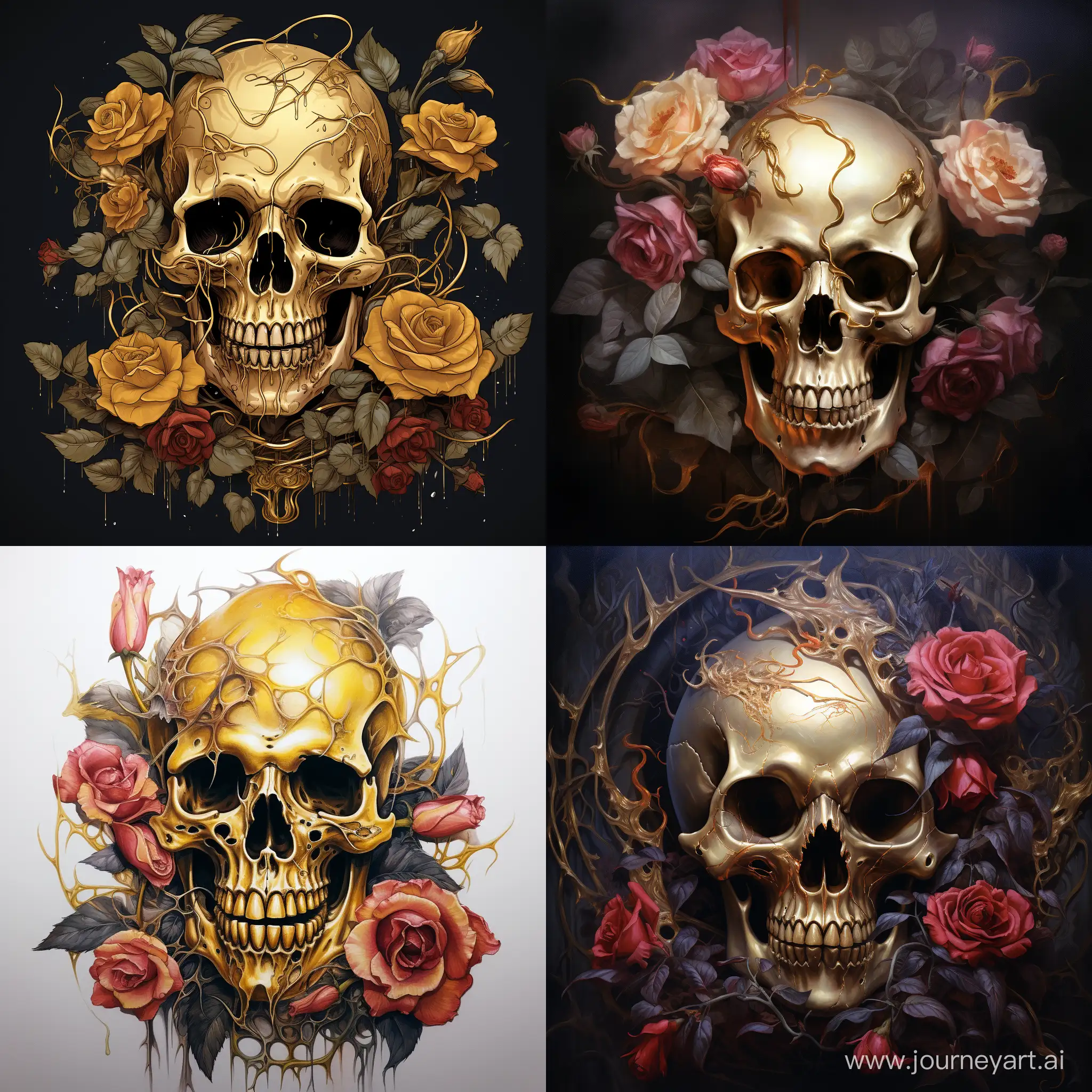 Golden-Skull-and-Rose-Intricate-Metallic-Still-Life-Art