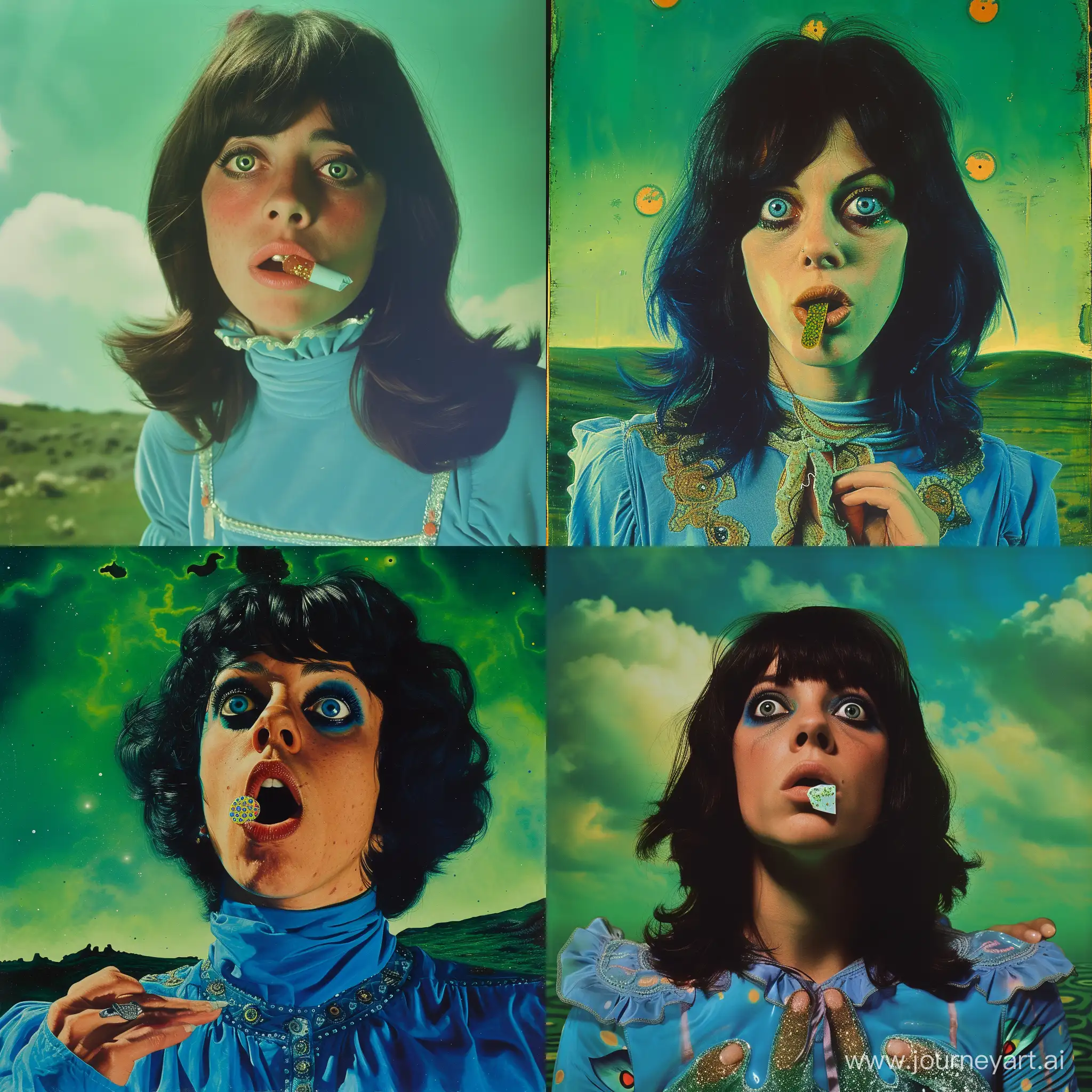Grace Slick 27 years old, having a piece of lsd on her tounge, big pupils, green sky, blue clothes, psychedelic background