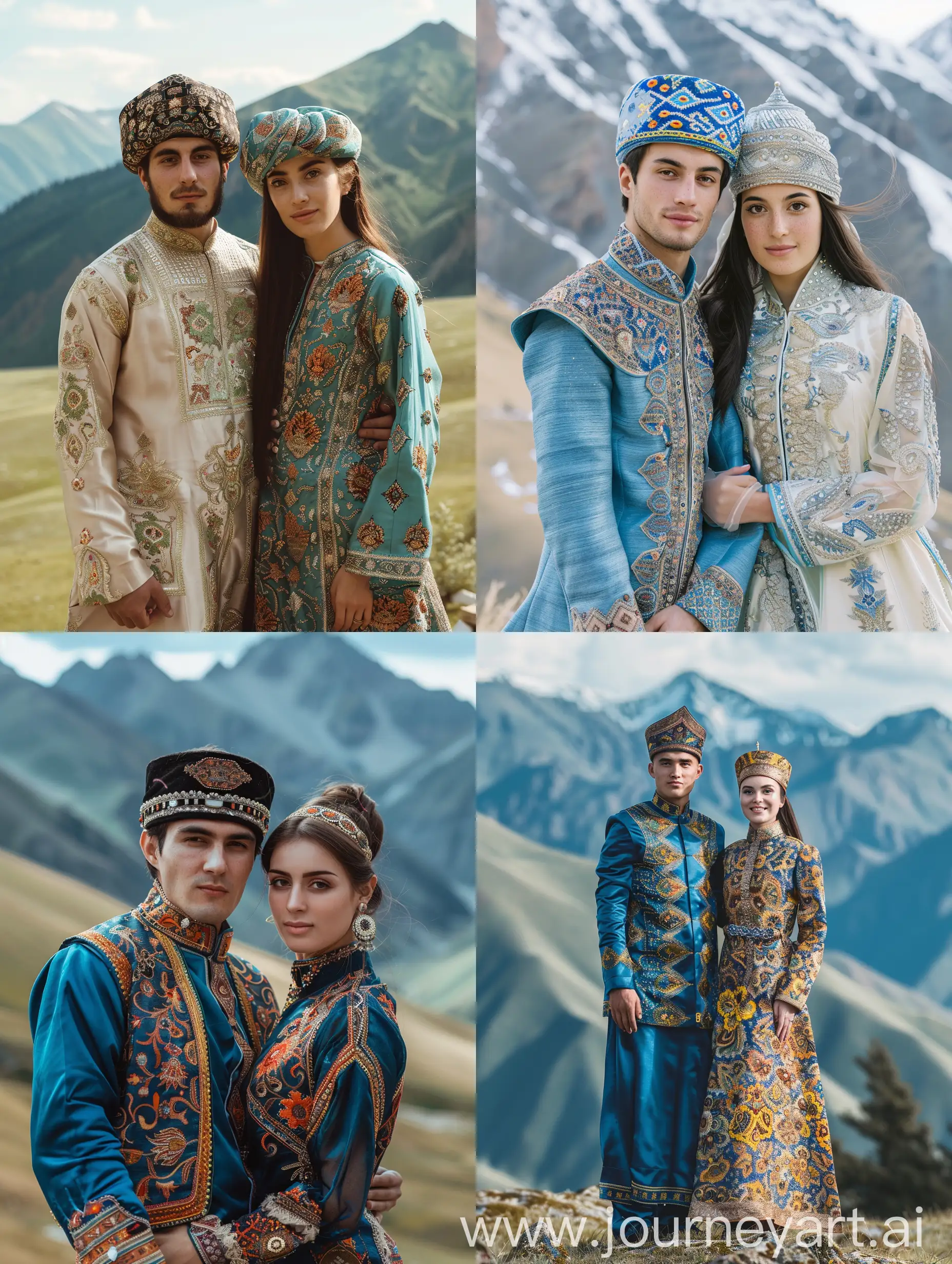 high-resolution, tajik couple traditional clothes handsome, young, mountains, 4k realistic