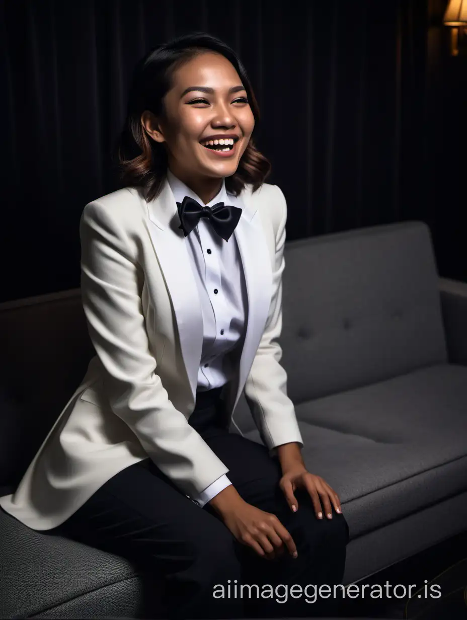 An elegant and sophisticated Malaysian woman with shoulder length hair and tan skin is sitting on a couch in a dark room.  She is wearing a white dinner jacket over a white shirt with a black bow tie. Her pants are black.  She is smiling and laughing.