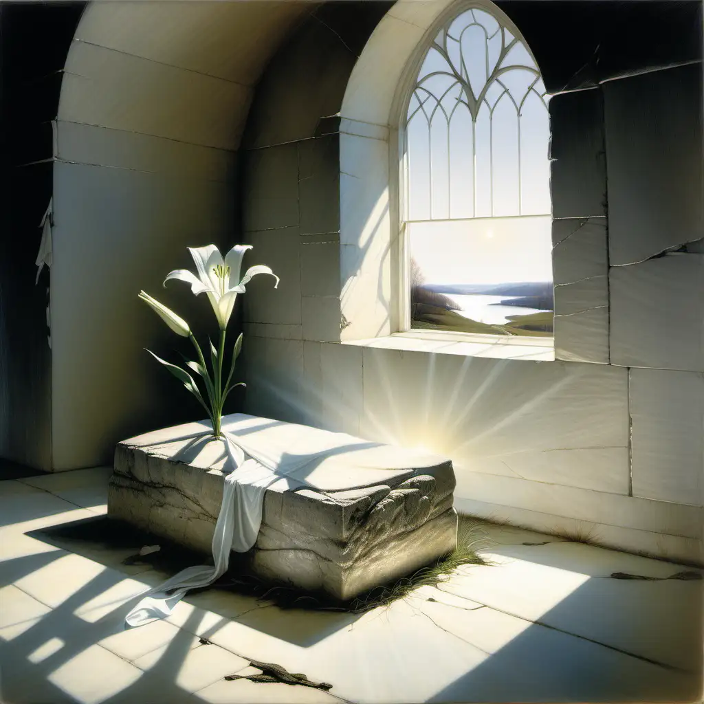 andrew wyeth style painting of a brightly lit stone tomb, bright light shining through an open window.  a white burial shroud lays flat on the floor.  a white lily grows from a crack in the floor.