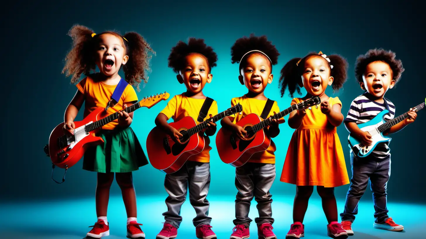 6 children with a diversity of vibrant and rich color tones, dynamic poses and expressive faces. In the  background show a spaceship, stop light,  computer, musical instruments