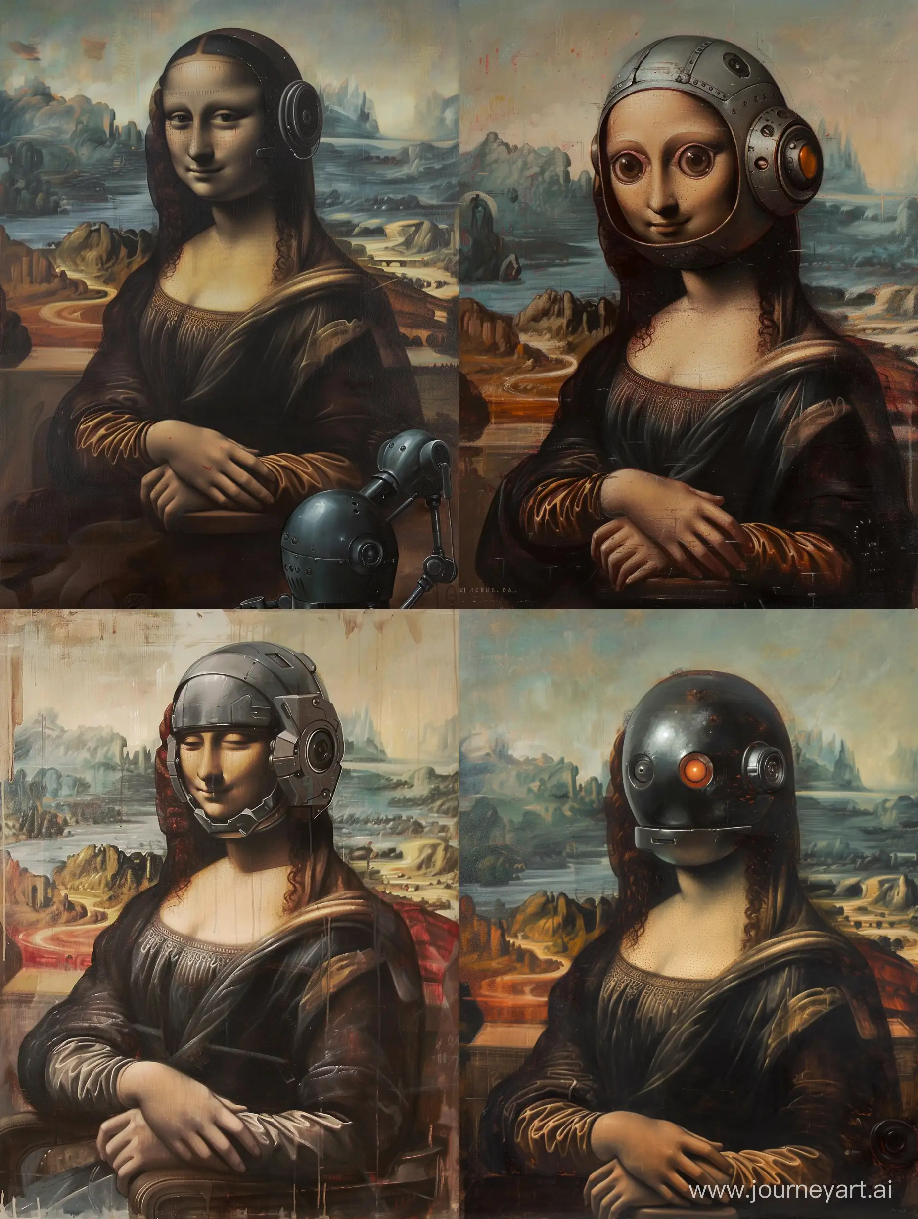 Cinematic Oil Painitng, Robot secretly copying Mona Lisa from Leonardo Da Vinci
