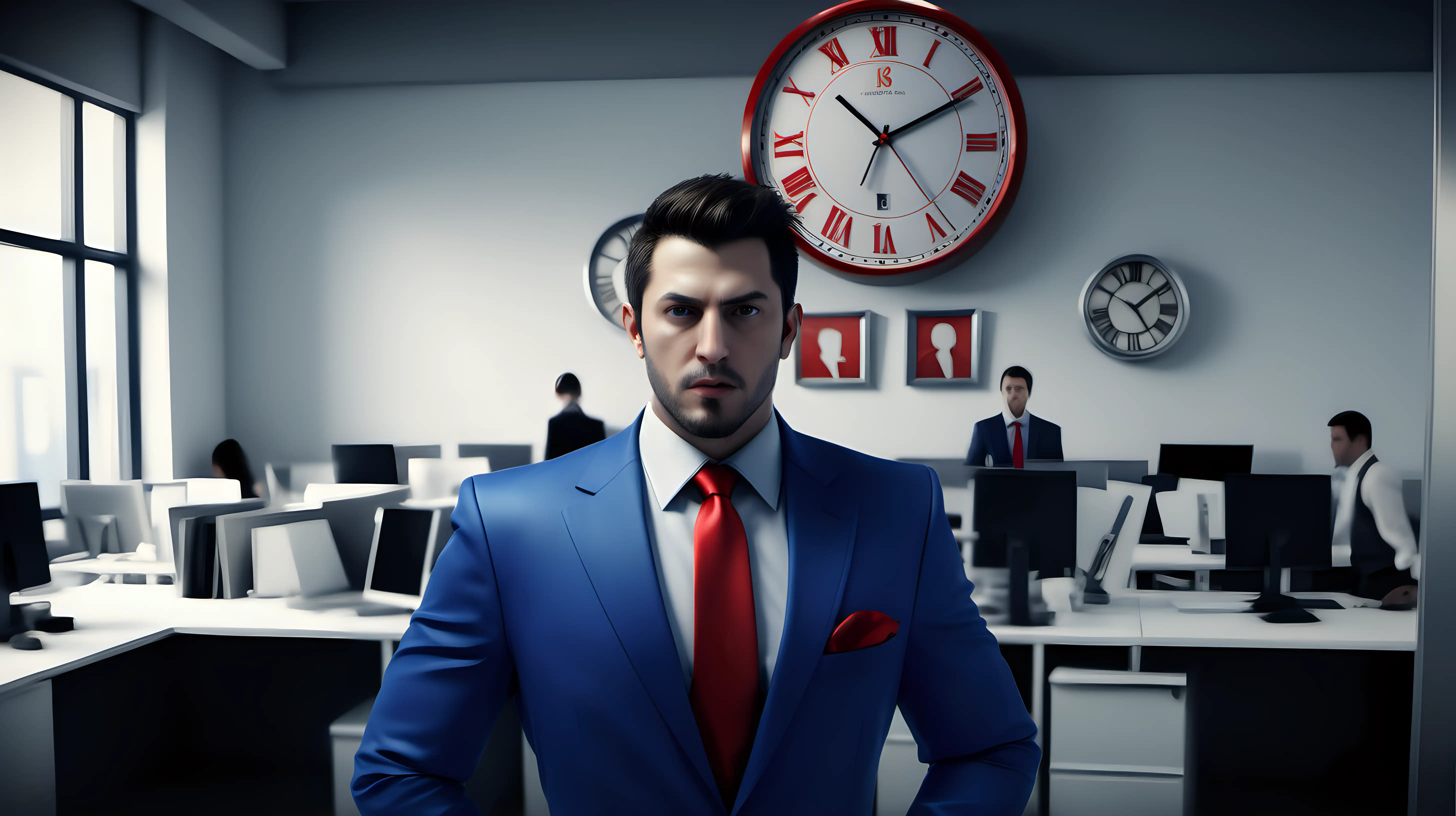 /imagine prompt: Realistic, Cinematic, personality: [Show a businessman in a blue suit and red tie, in a busy office with lots of people working but with one single large clock on the wall.] unreal engine, hyper real --q 2 --v 5.2 --ar 16:9
