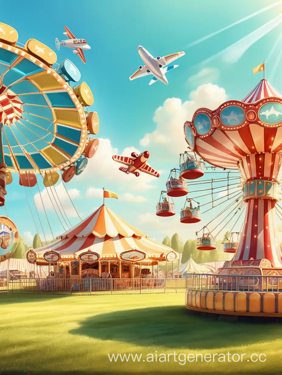 Sunny-Fairground-Field-with-Carousels-and-Flying-Airplane
