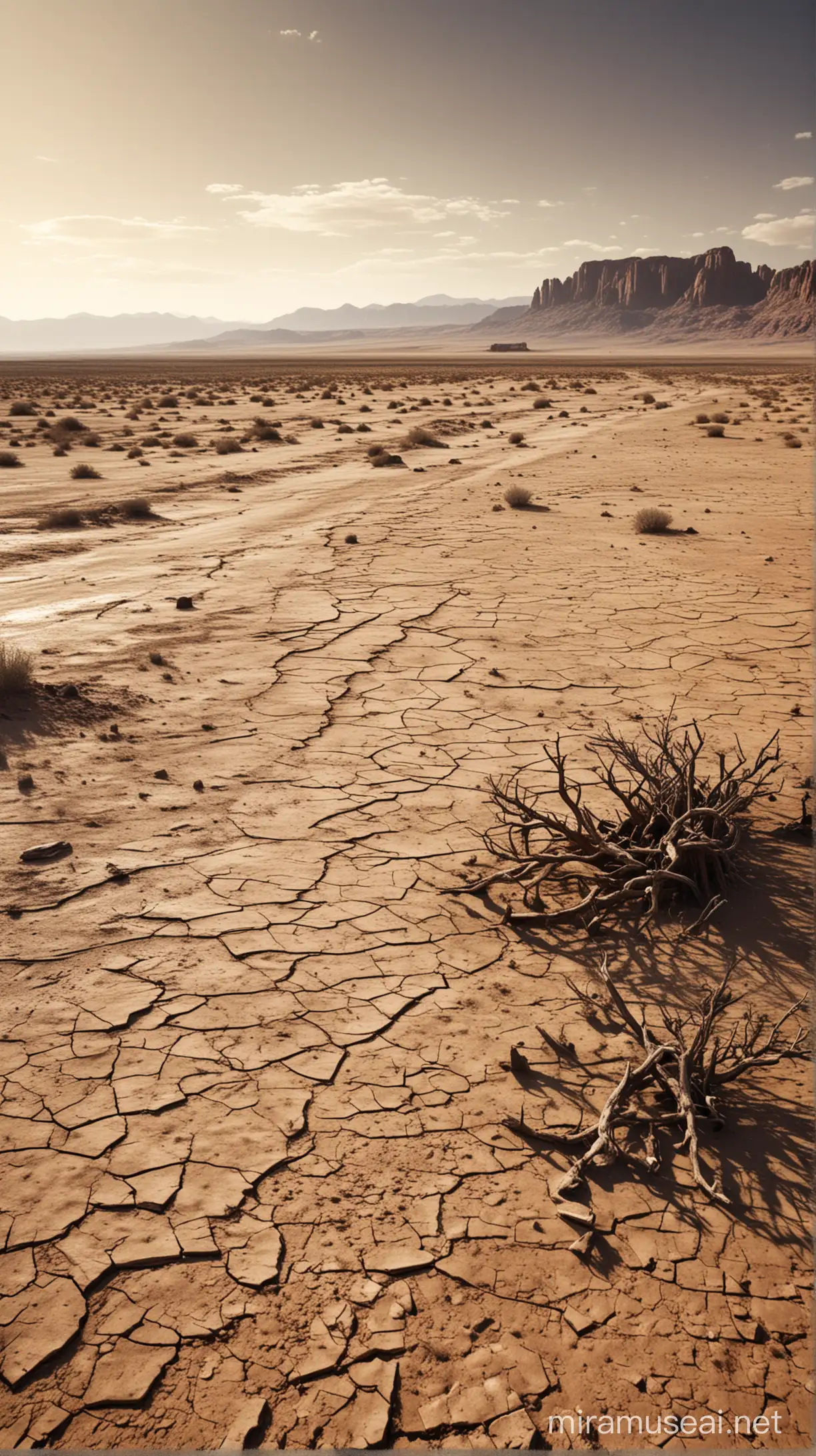 "Explora el desolador paisaje cuando la tierra se convierte en un páramo estéril, donde la vida lucha por sobrevivir y la esperanza se desvanece en la aridez del paisaje."