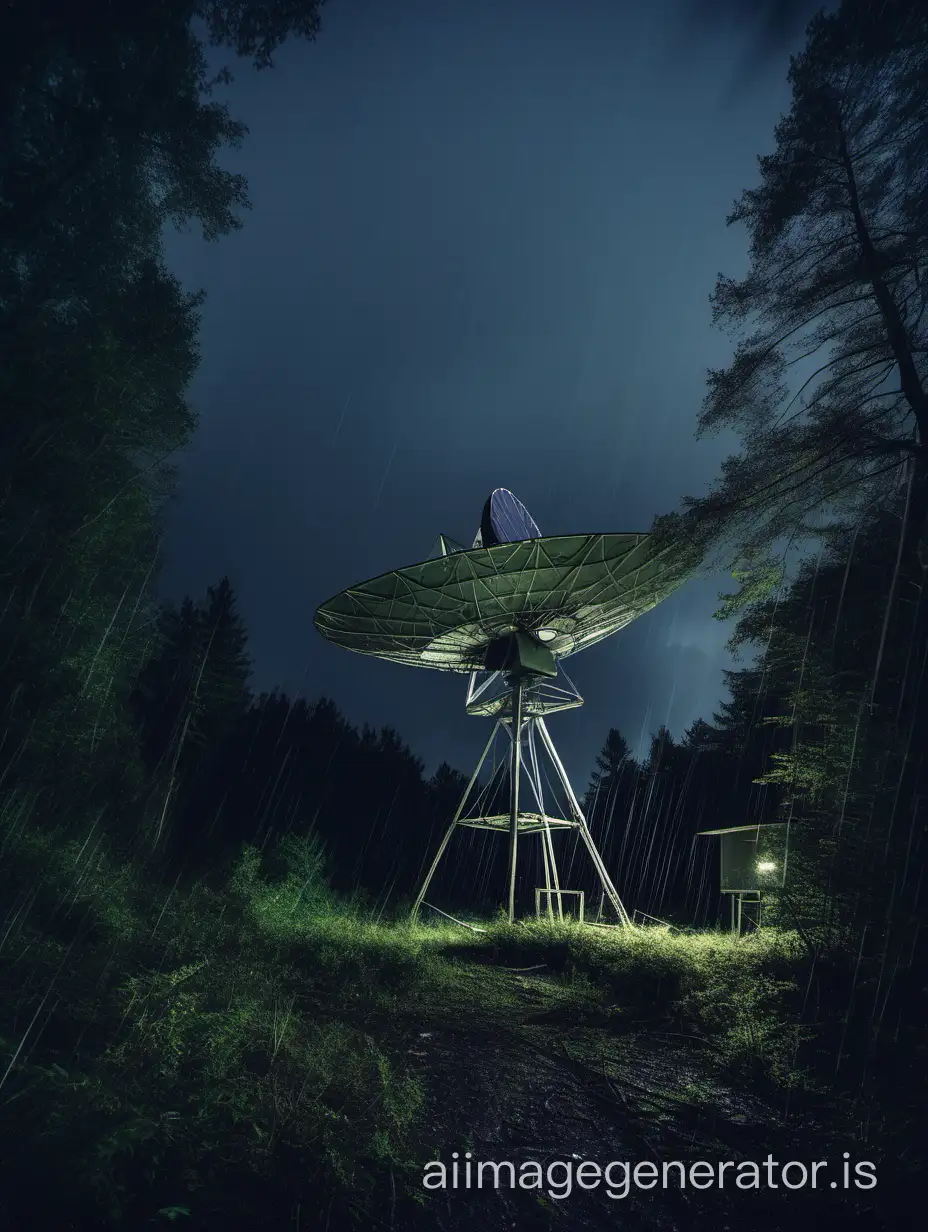 old abandoned scientific base in the forest, night, rain, parabolic antenna in the distance