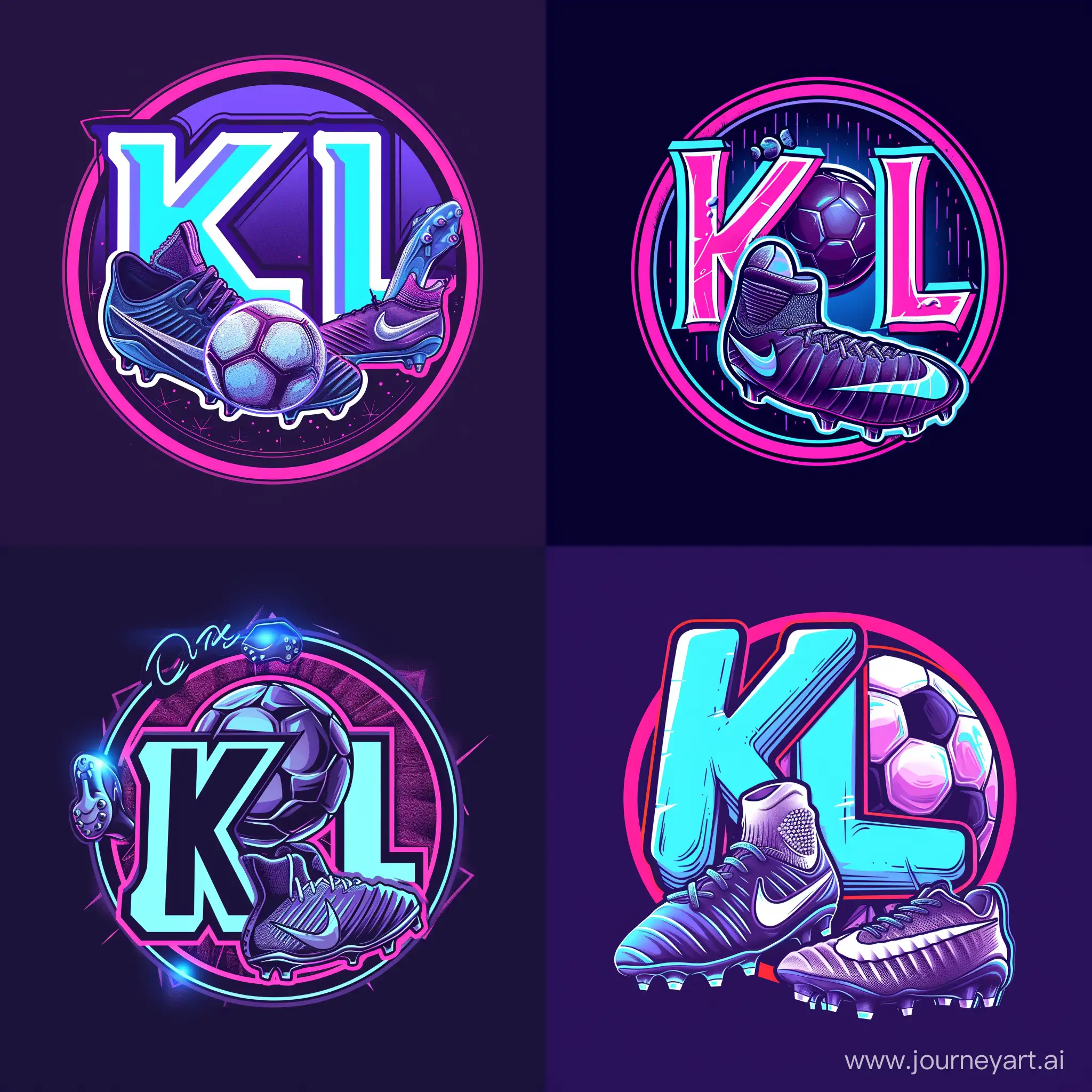 Brand logo for a company selling football boots, minimalist, KL lettering, illustration of a football ball and cleats around the large KL lettering, nike tiempo, purple blue pink neon colors