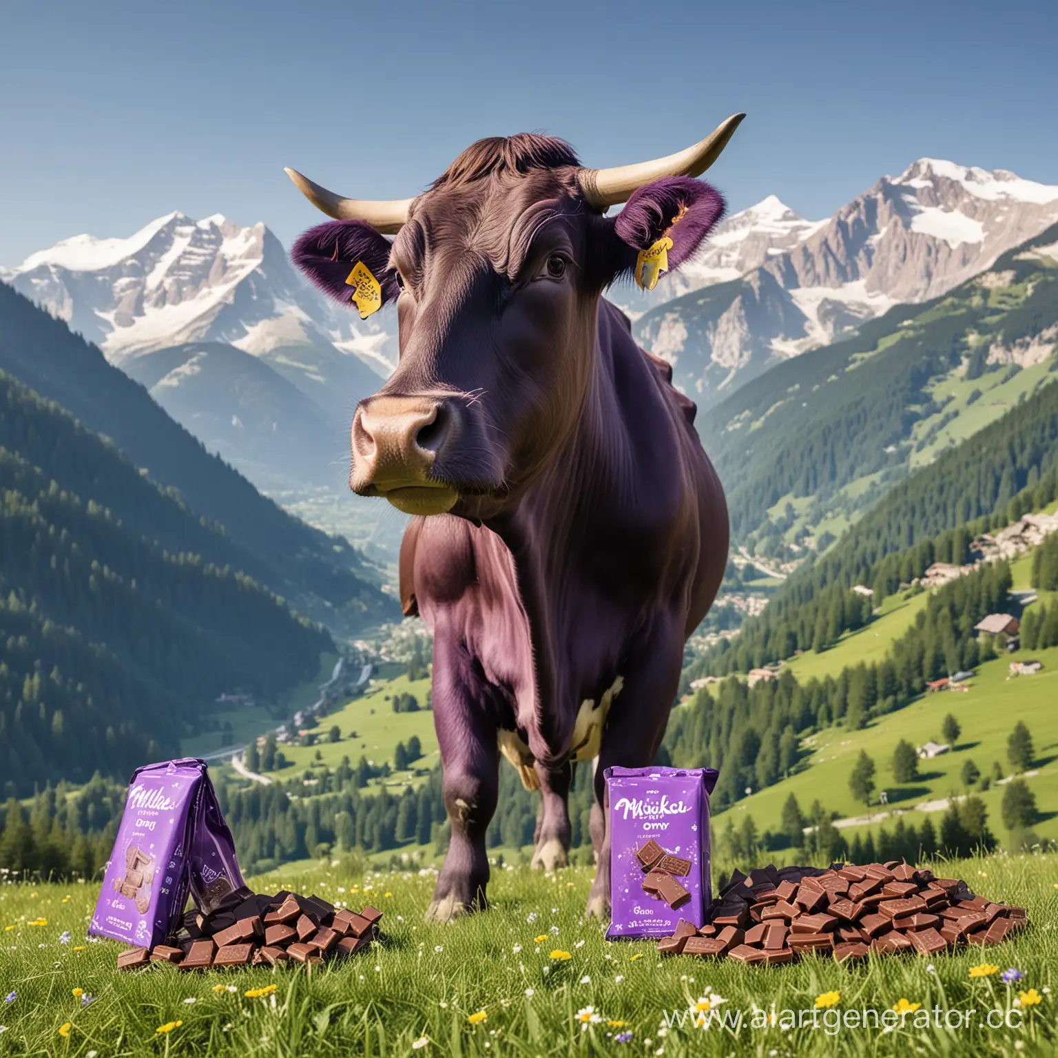  фиолетовая Корова Милка стоит в альпах с кучей шоколада