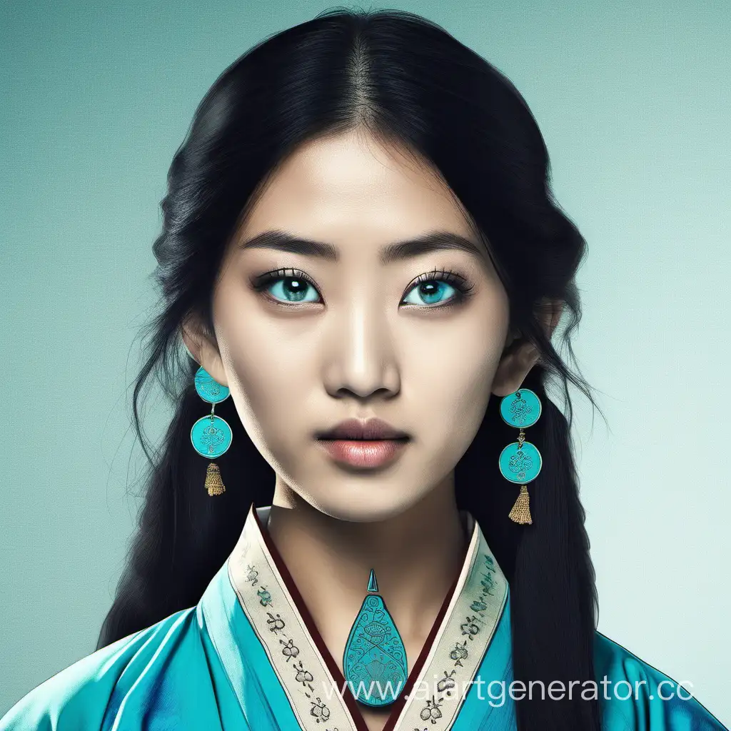 A young Asian woman with black hair, turquoise eyes and a mole on her cheek. She is dressed in traditional blue clothes.