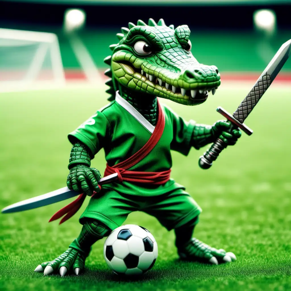 Kleiner süßer Ninja Krokodil, spielt Fußball, grünes Outfit, mit Schwert, auf einem Fußballplatz, hohe Details, Comic Style