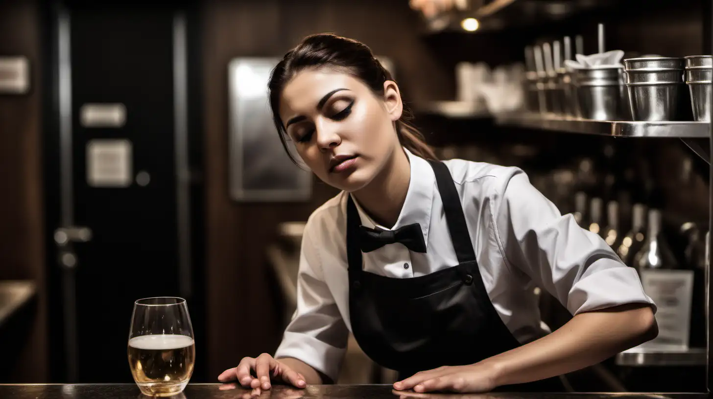 Capture the poignant moment of a person in a service industry, such as a waiter or waitress, taking a brief break in the backroom, showcasing the fatigue and hard work that often goes unnoticed behind the scenes.