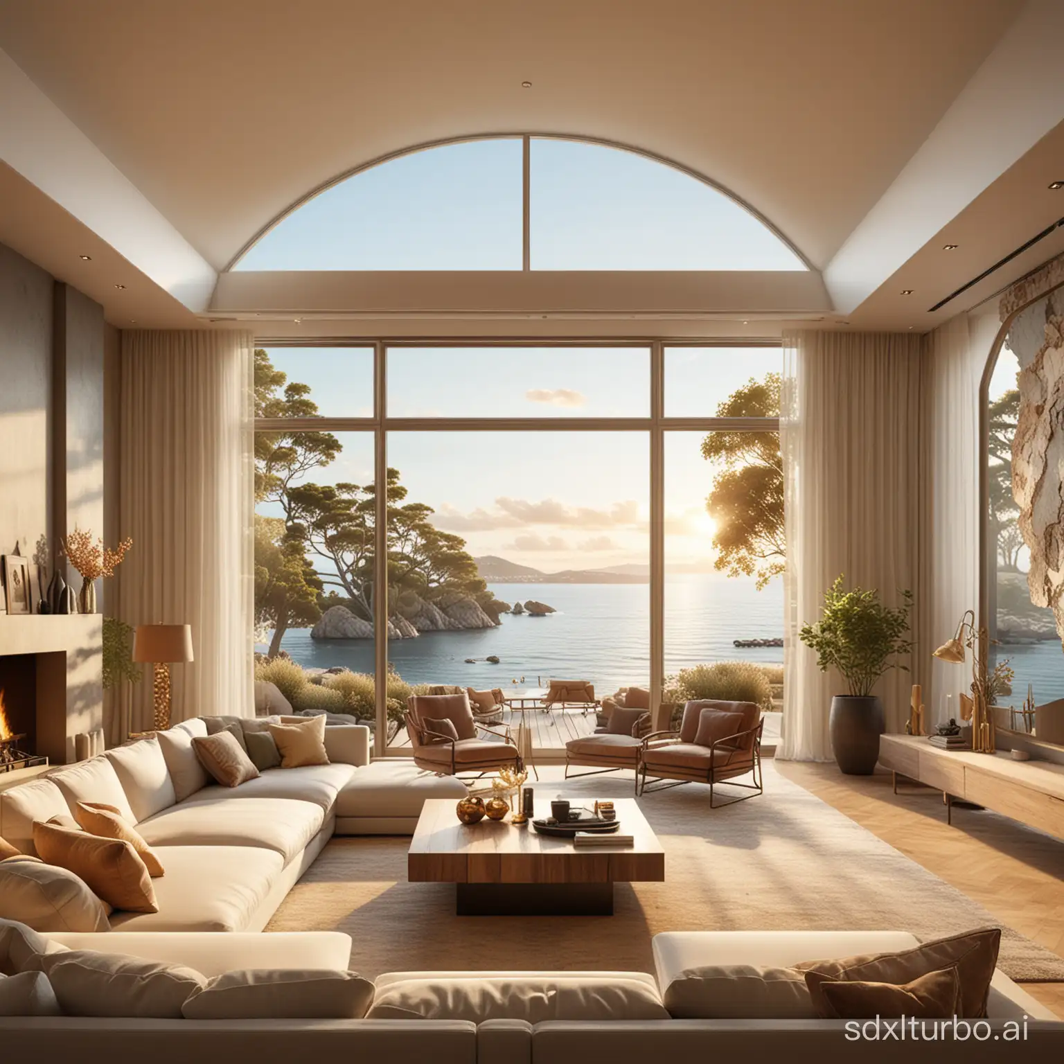 A stunning 3D rendering of an opulent living room, where the line between reality and art seamlessly blends. A large window showcases a tranquil bay, merging with the actual space as if the luxurious town outside spills into the real room. The interior is adorned with plush seating, warm lighting, and a cozy fireplace, creating a welcoming and enchanting atmosphere. Sunlight pours in from the bay, casting a warm, golden glow over the captivating scene. This imaginative and whimsical space provides an enthralling experience, blurring the boundary between the two worlds.