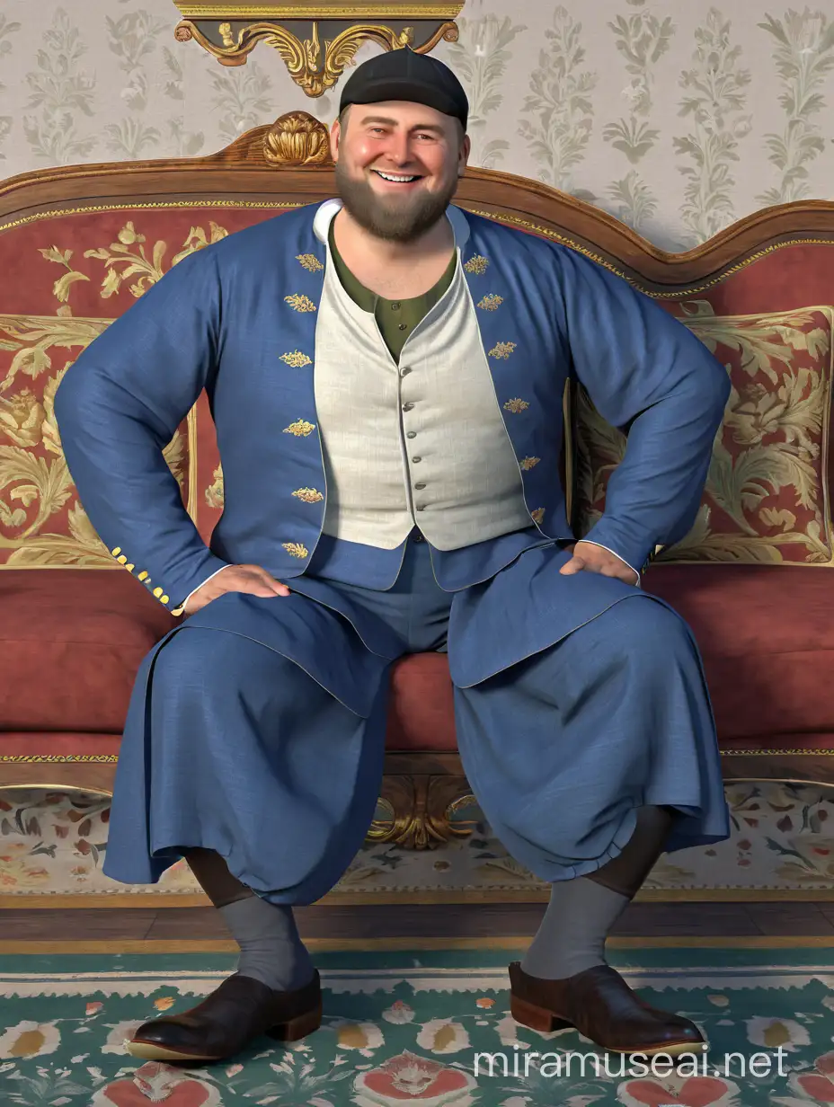 An 18th century Russian merchant sits on a sofa wearing a smart national shirt. We see him in full height, with arms and legs. He smiles, his cheeks are red, on his head a hat. In the style of 3d animation, realism.