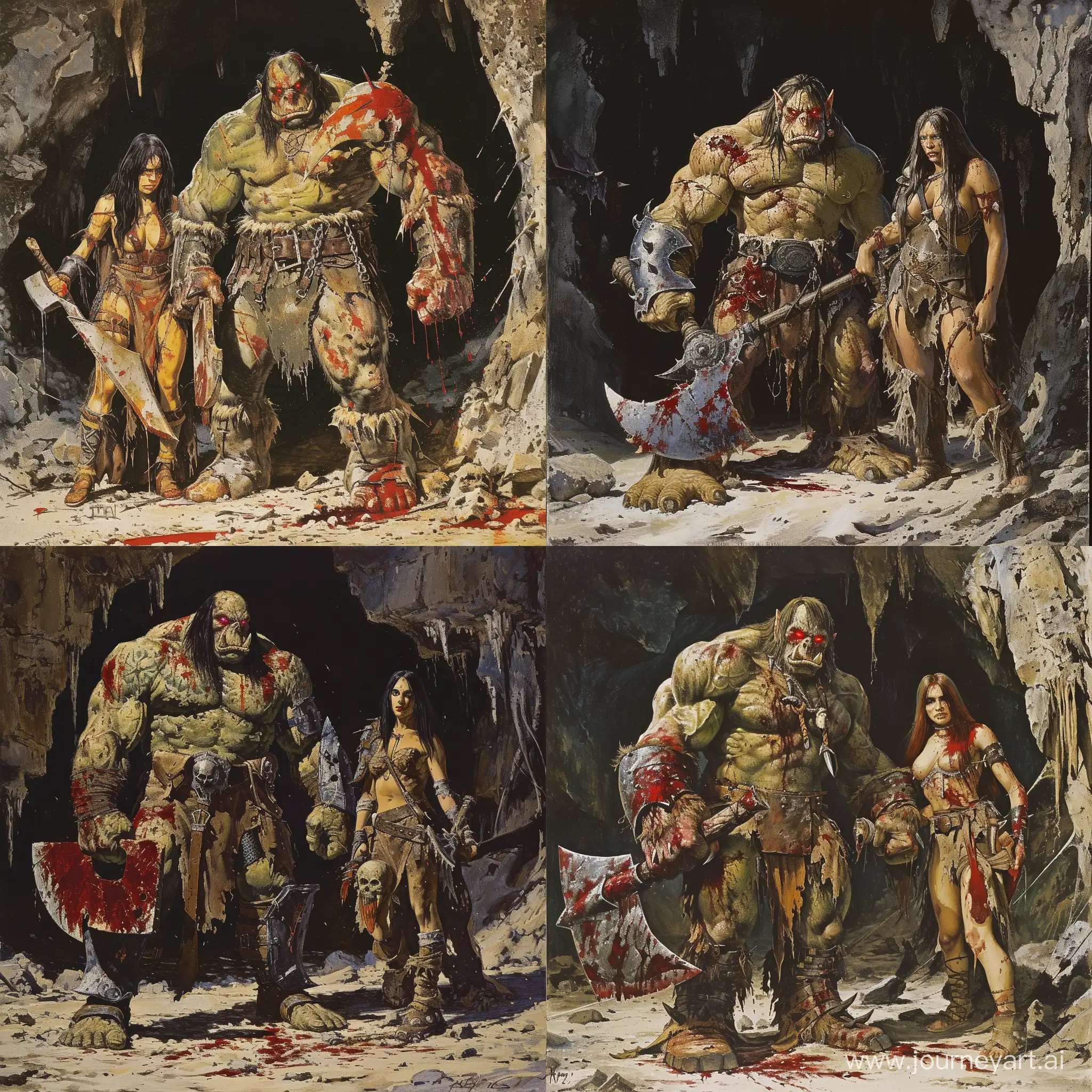  A hulking and scarred orc, with a menacing presence, Crimson eyes that burn with a ferocious intensity, Draped in the torn remains of a once-proud knight's armor, wielding a massive, bloodstained cleaver, accompanied by a woman orc which is very beautiful but deadly, wears a torned up clothes in a cave, 1970's dark fantasy style, grim dark, gritty, detailed