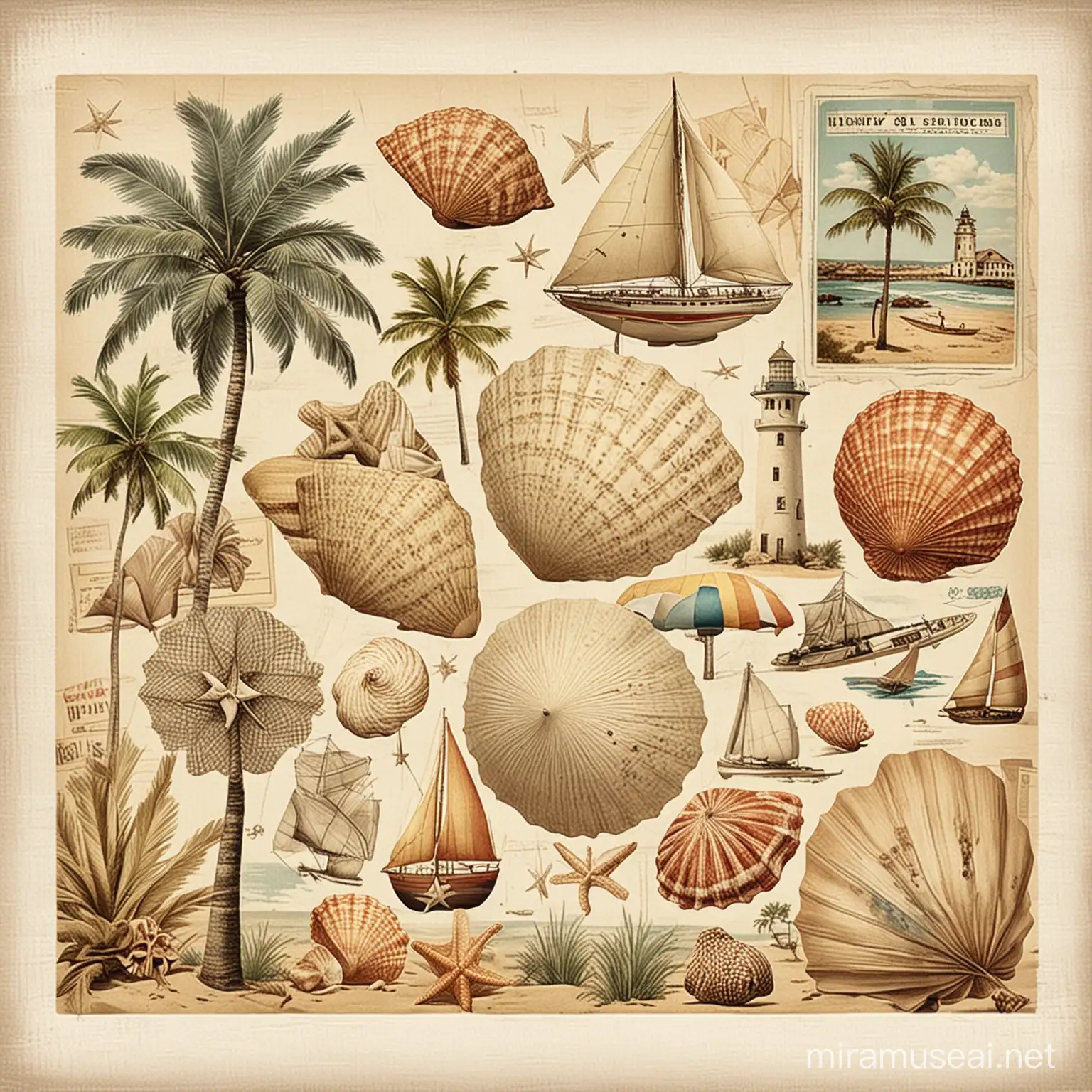 Vintage Seaside Collage Nautical Sailboat and Seashell Summer Montage