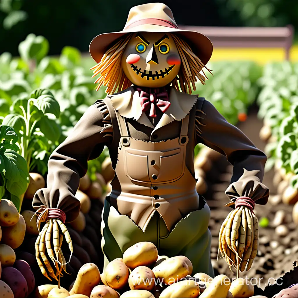 Scarecrow-Harvesting-Potatoes-in-Autumn-Field