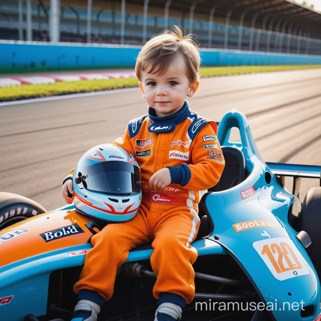 маленький мальчик в форме гонщика, сидит в гоночном боллиде