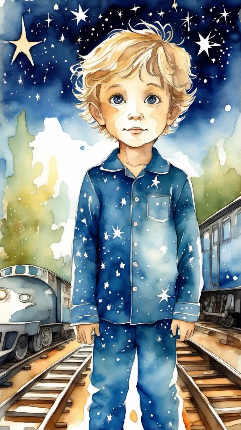 A young boy around 6-7 years old, with a sense of wonder and imagination. He has bright, curious eyes, a friendly smile, and short, slightly tousled hair. He is wearing blue pajamas adorned with a pattern of trains and stars, night time, watercolor style