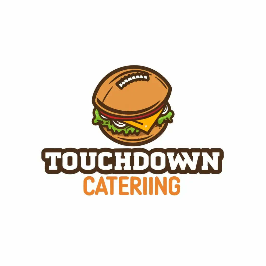 a logo design,with the text "Touchdown Catering", main symbol:Instead of buns there will be an American football on both top and bottom with hamburger toppings inside.,Moderate,be used in Restaurant industry,clear background