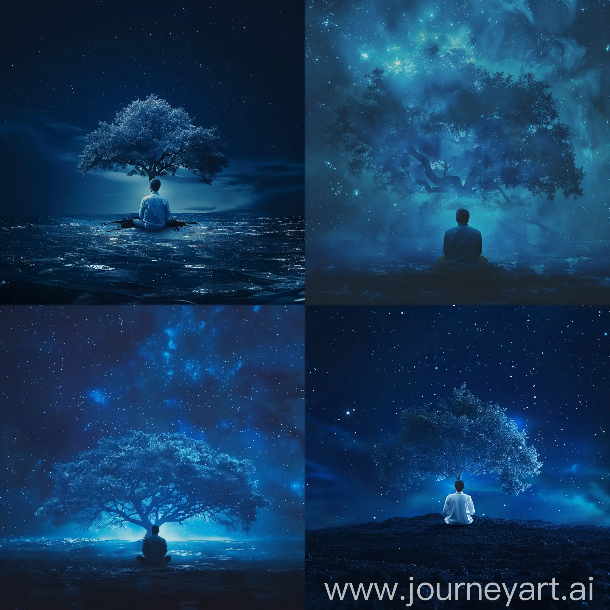  ﻿ an alone mechanical engineer in dark blue space with concept of shibaba tree and end of life