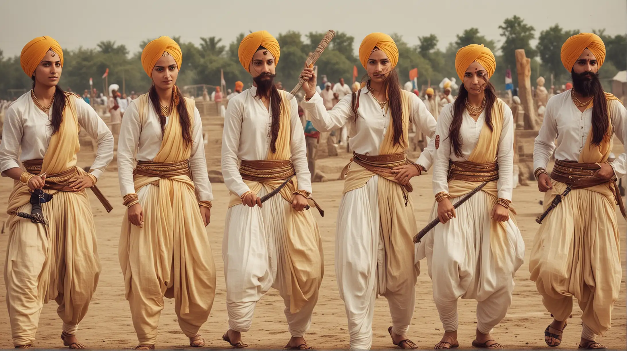 Female Sikh women (no beards / facial hair) set in Punjab 300 years ago, dressed as warriors doing gatka (Sikh Martial arts)

