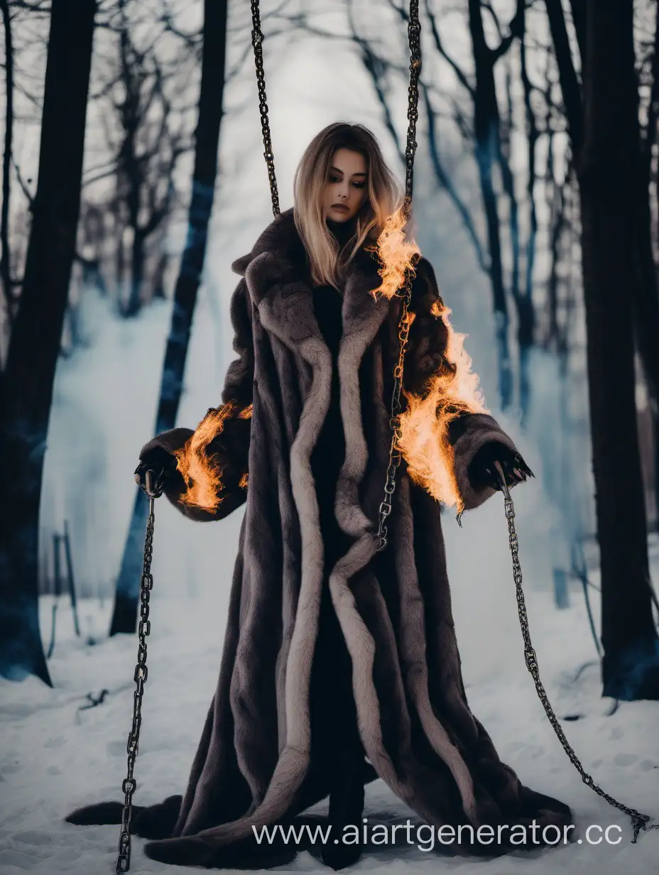Девушка в роскошной длинной норковой шубе обмотана цепями сверху вниз поверх шубы,  прижата к дереву,  горит в огне