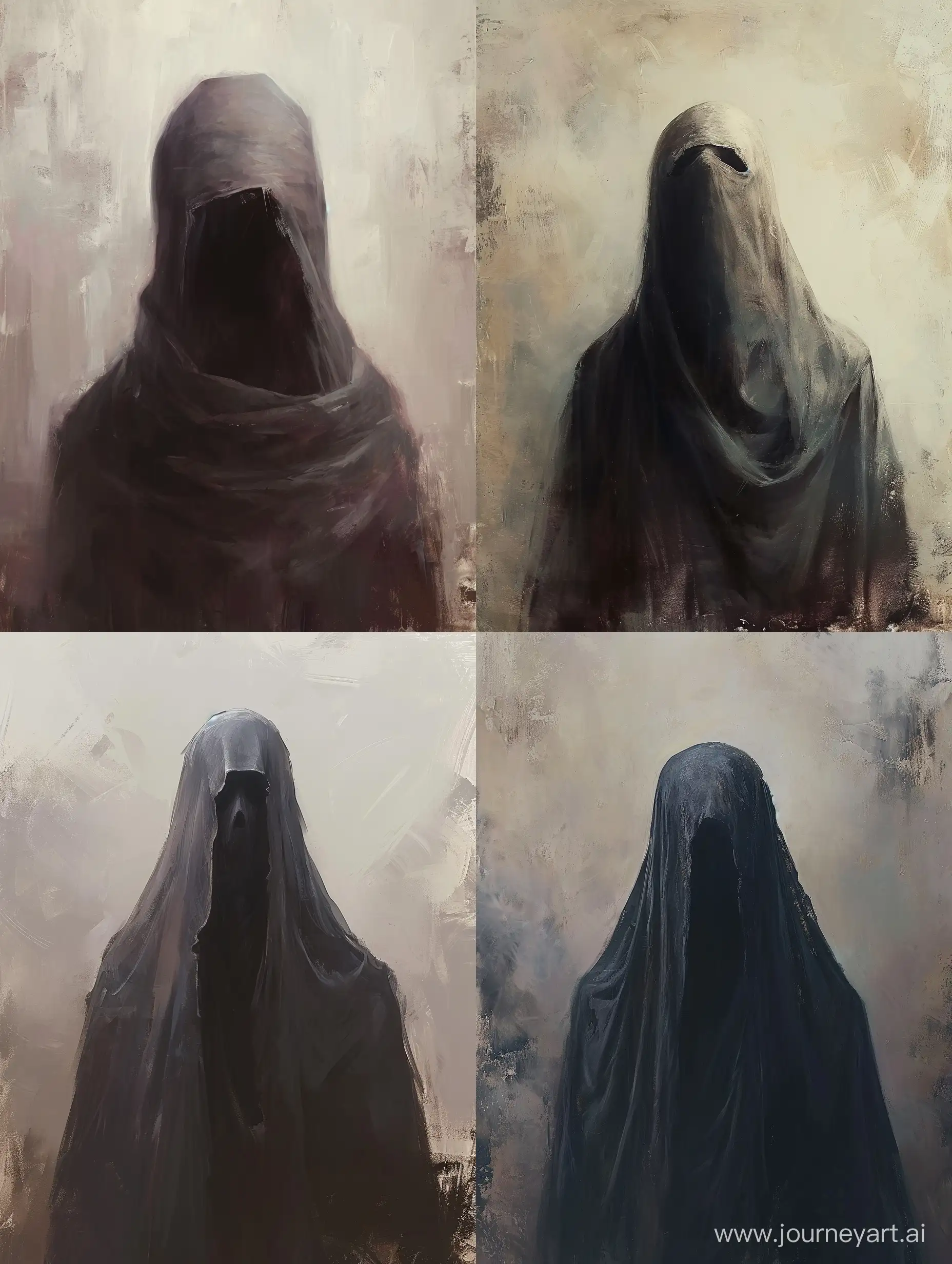 /imagine prompt: A haunting portrait of a ghost, covered with a dark cloak that leaves its mouth uncovered, looking straight ahead in a realistic style, captured in 4K resolution. The atmosphere is eerie and supernatural, with the ghostly figure captured in a close-up, showing intricate details in the cloak and the ghost's face. The colors are pale and ethereal, with a high contrast that adds to the ghostly atmosphere of the painting. The background is blurred, with a soft focus that emphasizes the focus on the ghost and its supernatural appearance. The composition is simple, with the focus on the ghost's ghostly and otherworldly quality. The painting has a realistic quality that allows for every detail to be seen clearly, making it feel like a real portrayal of a ghost. The brushstrokes are intricate, emphasizing the ghostly and otherworldly quality of the figure. The ghost is shown in a frontal view, with its face partially covered by the cloak and its mouth exposed, giving it a haunting and eerie appearance. It's a perfect fit for those who appreciate the eerie and supernatural quality of realistic paintings. --ar 3:4